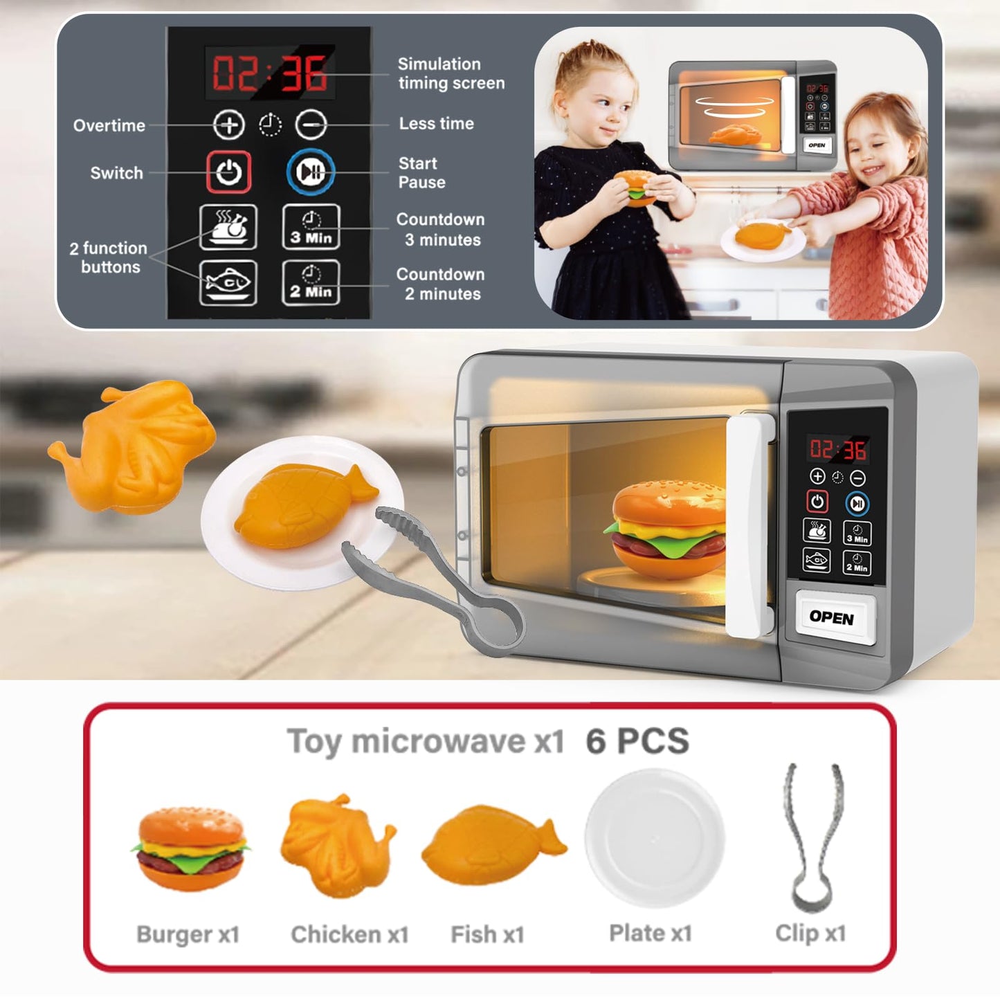 Microwave Oven Toy Kids Kitchen Playset High Simulation Accessories Ornaments Pretend Play Appliance Set for Toddlers, Cookware Toy Set for Girls Boys Birthday Gifts