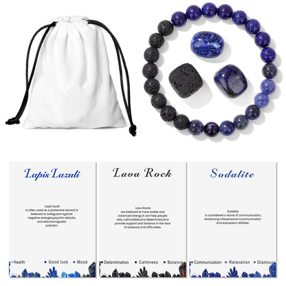 GolbalJew Natural Stone Beads Bracelet With Healing Stones Crystal Beginner Gift Set of 4 for Emotional Balance, Blue Lapis Lazuli, Lava Rock, Sodalite, Apatite, Turquoise, Amazonite, Obsidian, Hematite, Tiger's eye Palm Stones