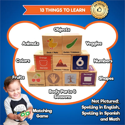 KIDS KORNER Alphabet Blocks Toys for Toddlers - Bilingual Educational Toys, Spanish Learning Toys, Stacking Toys with 30 Wooden Blocks and Toddler Learning Activities eBook