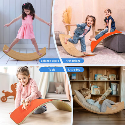 edutree Wooden Wobble Balance Board for Kids, 35 Inch Balance Beam Rocker Board for Toddlers Adults, Montessori Waldorf Learning Toys for Yoga Exercise