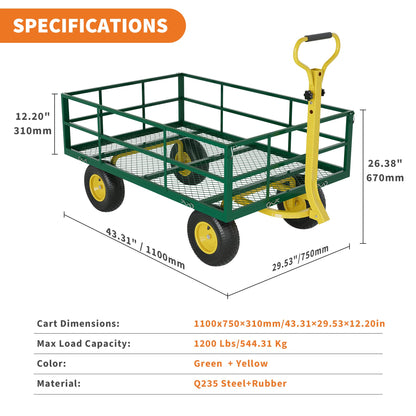 Garden Cart & Utility Wagon1200 lb Heavy-Duty Wheelbarrow, 47"x31" Steel Yard Cart with Wheels, 180° Adjustable Yellow T-Handle, Green (for Lawn, Patio & Farm)