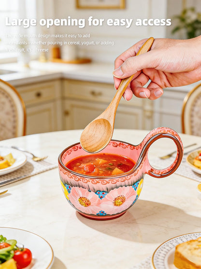silesia Handmade Ceramic Soup Bowl with Loop Handle, Hand Painted Floral Cereal Bowl, Artisanal Soup Mug for Chili, Stew, Oatmeal, Microwave Safe, Glazed Pink