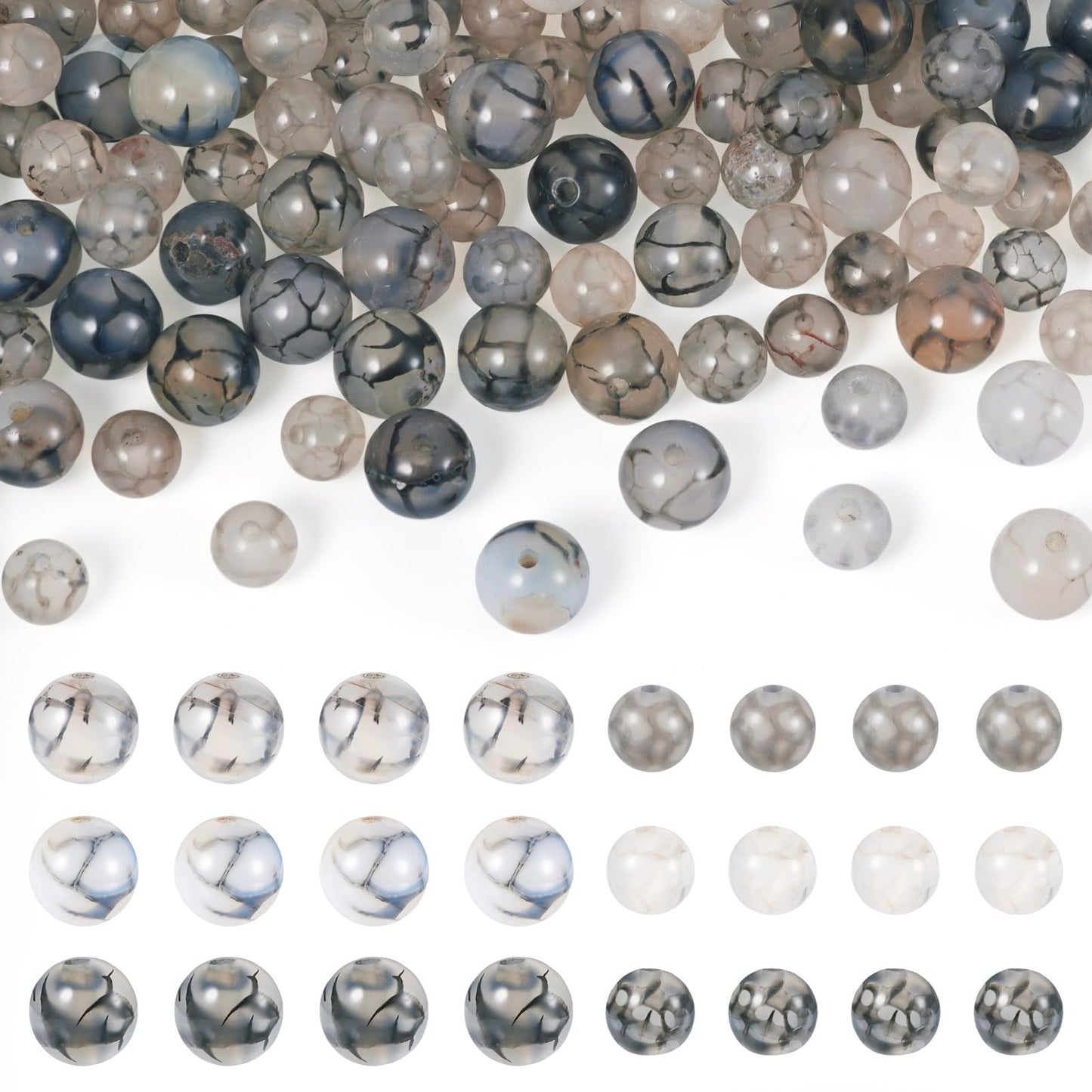 Beadthoven 110pcs Natural Dragon Veins Agate Beads 6mm 8mm Gray Round Stone Beads Smooth Natural Healing Crystals Gemstone Spacers for DIY Jewelry Making Crafts Friendship Bracelets Necklace