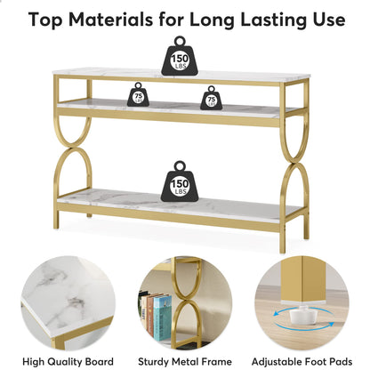 Tribesigns 3-Tier Console Table, 55 inch Sofa Table with Open Storage Shelves, Narrow Long Hallway/Entryway Table with Faux Marble Top for Home Living Room Entryway, White & Gold