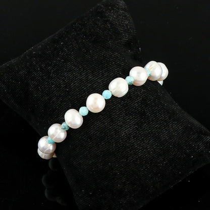 CRYSTALIS Natural Larimar And Freshwater Pearl Beaded Bracelet, Elegant Beads Crystal, Chakra Bracelet, Healing Bracelet, Gemstone Jewelry, 925 Sterling Silver Slider 10 inch