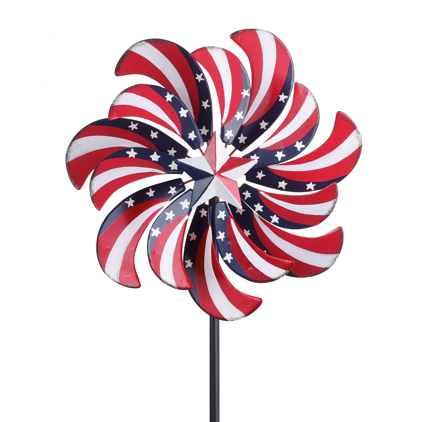 hogardeck 4th of July Wind Spinners Outdoor, Metal Wind Spinners with Stakes for Memorial Day Decorations, 360° Rotating Double Layers Windmill Yard Art for Outside Lawn Porch, Red White Blue