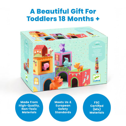 DJECO - Topanifarm Blocks - Build a Farm, Wooden Blocks & Animal Toys - Sorting & Stacking - Enhances Fine Motor Skills - Durable Playtime - Cute Design - Preschool Kids 18+ Months