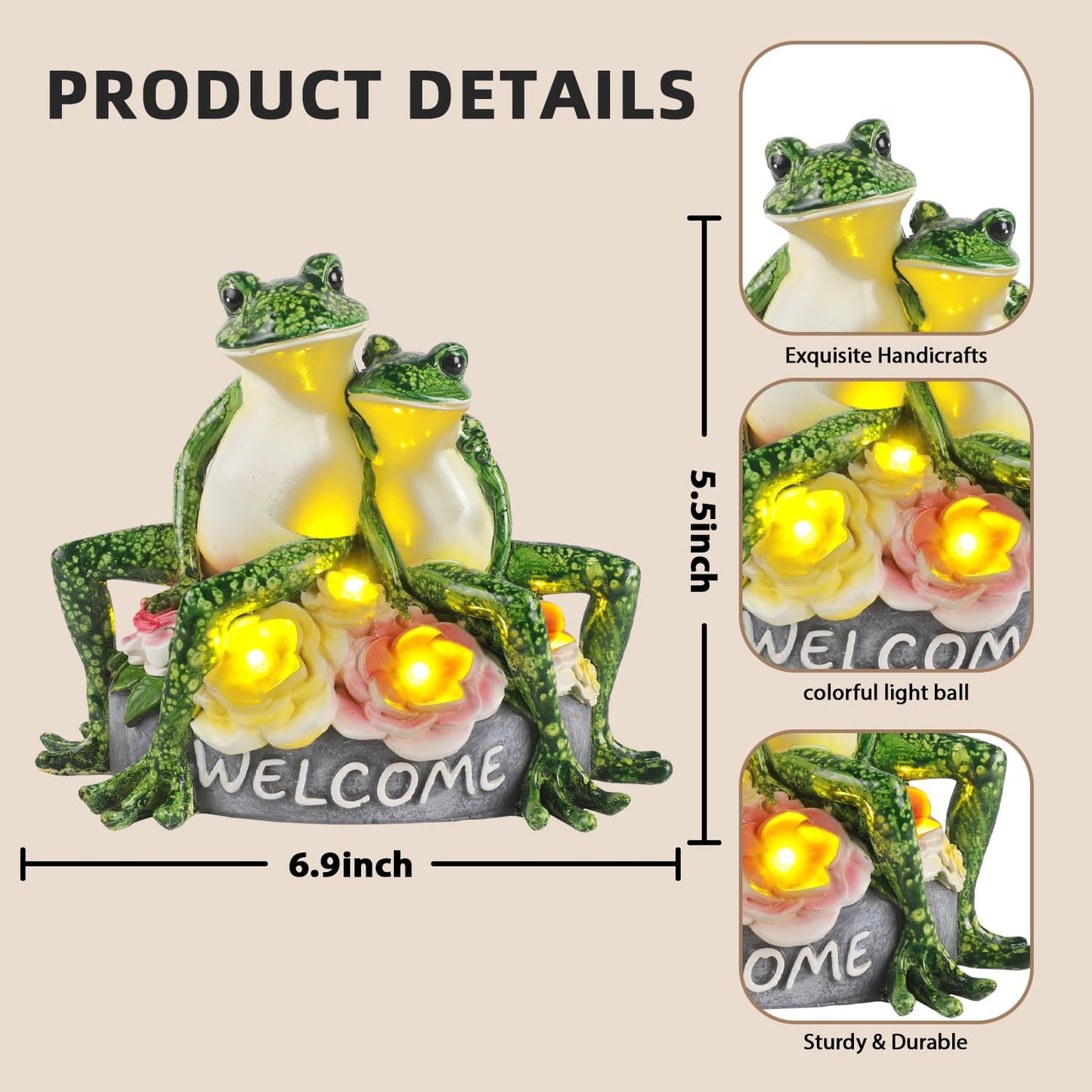 Solar Frog Garden Statues Outdoor Decor - 5.5" Resin Frog Figurine with Welcome Sign, Waterproof Yard Art Ornament for Patio Lawn Porch, Unique Housewarming Birthday Gifts for Women Mom Grandma