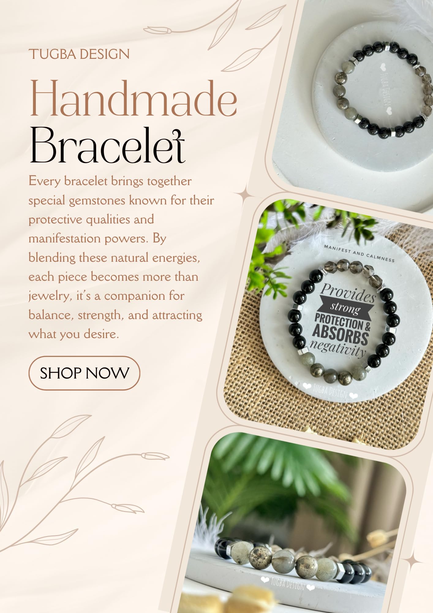TUQBA Manifestation and Protection Beaded Crystal Bracelet for Men and Women Natural Stone Jewelry with Onyx, Smoky Quartz, Pyrite, Labradorite Mothers Days Gift, Christmas, Baptism, Birthday