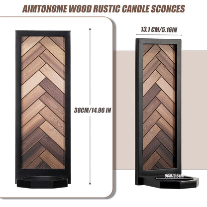 AimtoHome Herringbone Wood Candle Sconces, Set of 2 Wall-Mounted Pillar Candle Holders, Antique Classical Wooden Candleholder for Farmhouse, Living Room, Bedroom, Rustic Home Decor