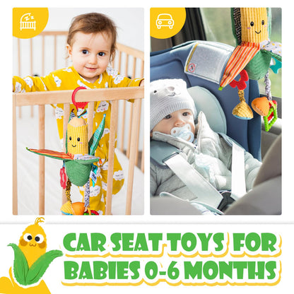 PHEZAPA Hanging Rattles Crib & Car Seat Toys for Babies 0-12 Months with Crinkle, Squeaky & Teether, Sensory Corn Soft Stuff Stroller Toys for Newborns, Boys Girls Gifts