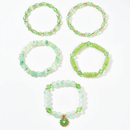 LOTSOF Boho Flower Beaded Bracelet Set for Women - Multilayer Crystal & Flower Charm Stackable Bracelets, Fashion Jewelry Gift for Her (Green)