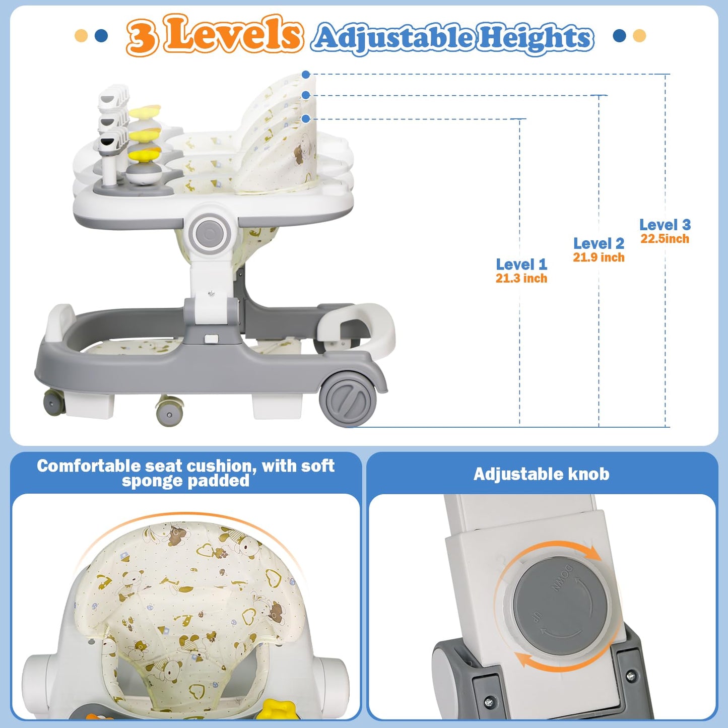 Baby Walker with Wheels, 4 in 1 Foldable Baby Walkers for Boys Girls 6-18 Months, 3 Level Height Adjustment with Bouncing, Feeding Tray & Music, Baby Walker with Activity Center, Toddler Push Walker