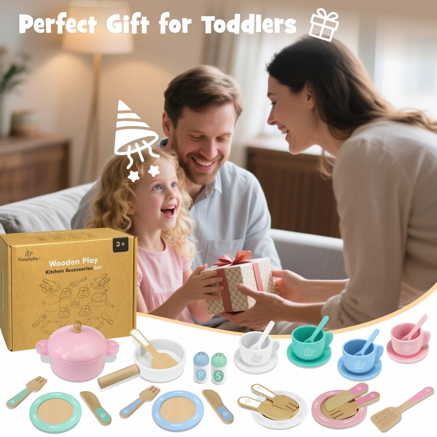 SimpliPlay Wooden Toy Plates and Dishes for Kitchen Set, 30PCS Montessori Play Kitchen Accessories for Toddlers with Toy Pots and Pans, Wooden Play Cooking Set for 3-8 Years Girls & Boys