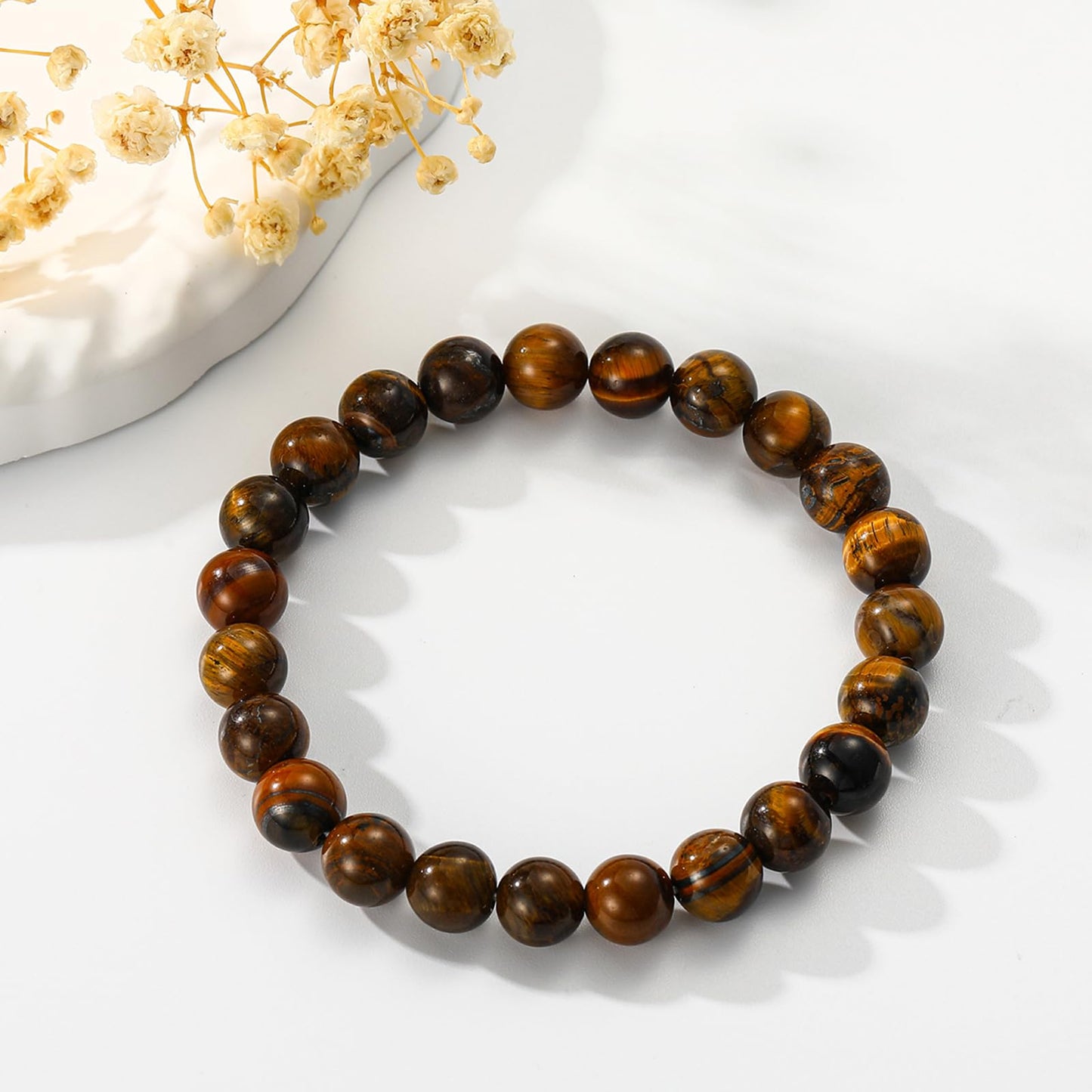 Gnamy Tiger Eye Beads Bracelet for Women, Healing Crystal Bracelet for Spiritual Healing Positive Energy Stress Relief, Natural Stone Stretch Beaded Bracelets Birthday Valentines Gifts Jewelry for Her Daughter Best Friends
