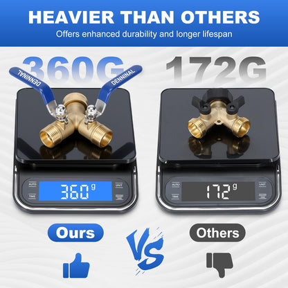 Denninal Brass Garden Hose Splitter 2 Way Heavy Duty with 304 Stainless Steel Long Handle, Outdoor Full Flow Hose Bib Splitter Connector, Y Valve 3/4 Inch GHT Thread