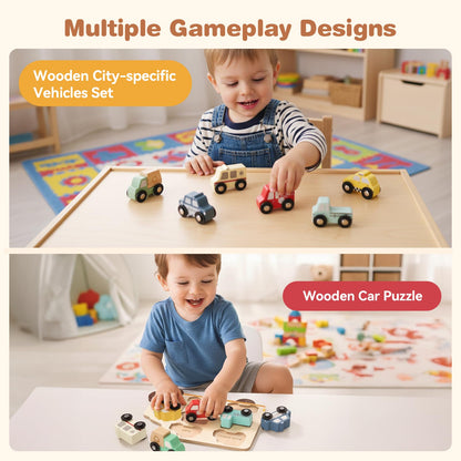 Wooden Cars Vehicle Set for Toddlers 1-3 Cars Toy for Toddlers Montessori Toys for 1+ Year Old Educational 1st Birthday Gifts