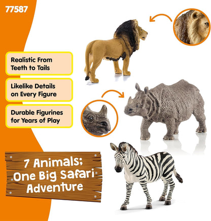 Schleich Wild Life - 7PC Savannah Animal Toy Bundle - Safari Toy Set with Rhino, Crocodile, Cheetah Cub, Monkey, Elephant, Zebra, Giraffe, Lion Figurines - Educational Play for Kids 3+ | 77587