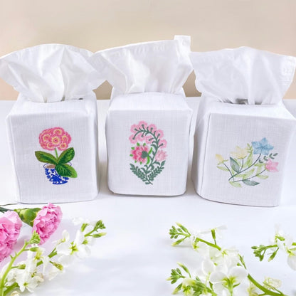 Jacaranda Living Square Tissue Box Cover, Linen/Cotton Fabric Tissue Holder, Decorative Cloth Tissue Cube Cover, Cover, Botanical Designs, Potted Primrose (Pink)