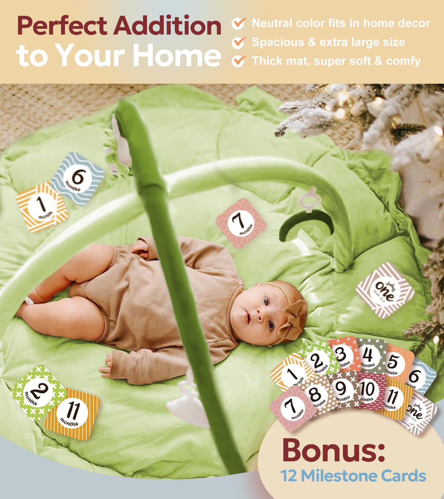 5-in-1 Thick & Plush Baby Play Gym, Baby Play Mats for Floor, Tummy Time Mat with 6 Toys, Convertible Stage-Based Developmental from Babies to Toddlers, Ball Pit, Green