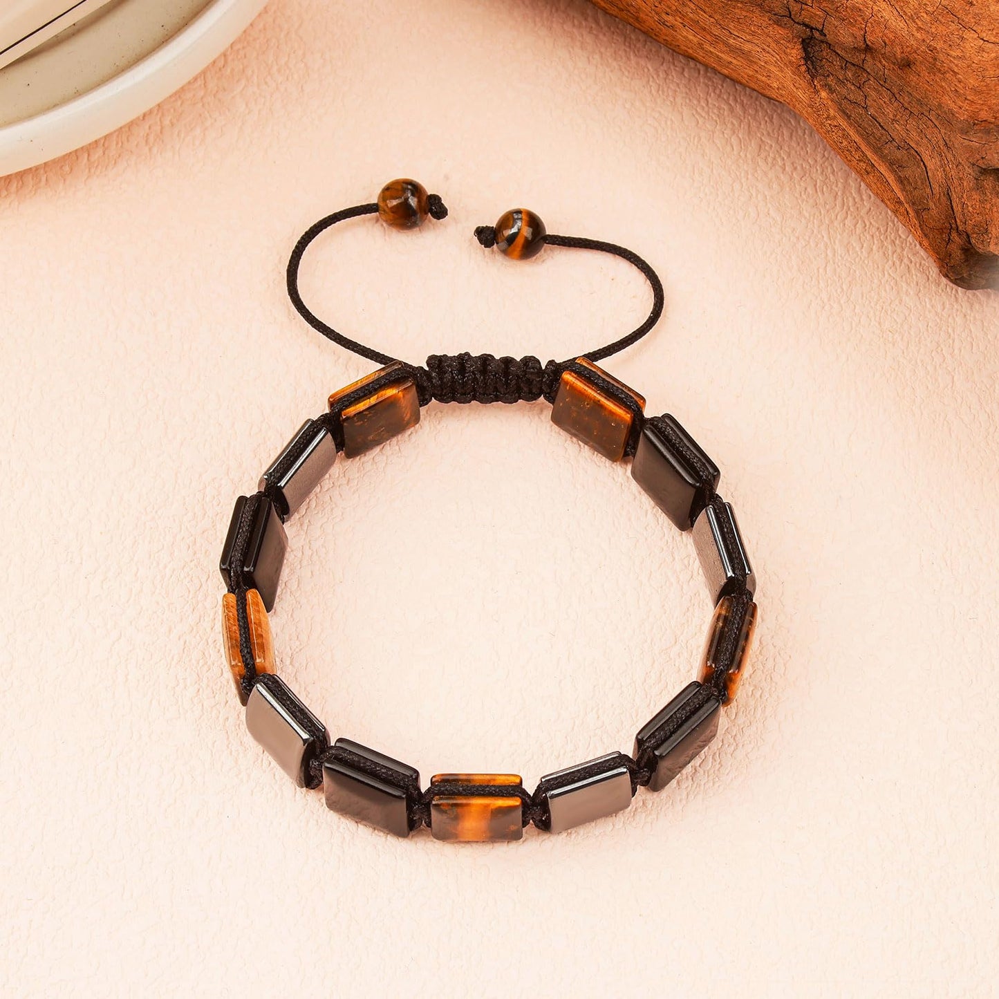 BOPOW Triple Protection Unisex Adjustable Bracelet - Handmade with Authentic Tiger Eye, Obsidian & Hematite - Square Healing Crystal Bead Bracelet