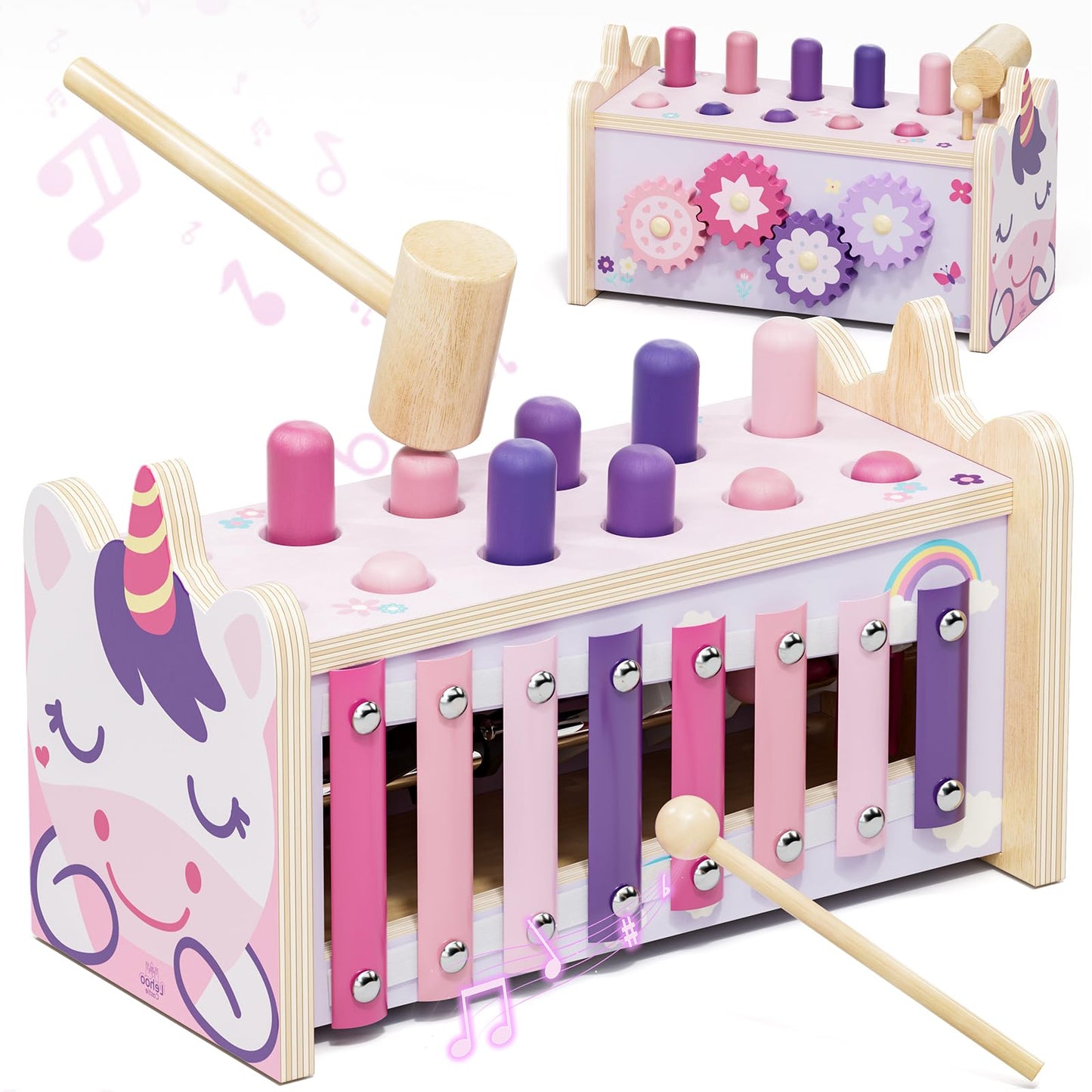 Lehoo Castle Baby Montessori Toys for 1 2 Year Old, Wooden Hammering Pounding Toy with Xylophone, Educational Learning Activities for 1 2 3 Year Old Girls First Christmas Birthday Gifts - Unicorn
