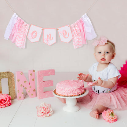 Bow One High Chair Banner - Sweet 1st Birthday Decorations, Pink Princess Party Photo Backdrop, Girls Smash Cake Highchair Banner, First Birthday Fabric Garland