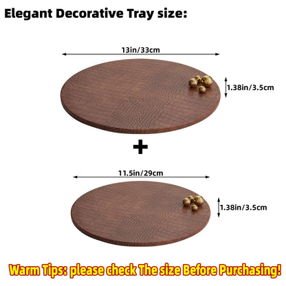 JUMBO HUMBLE Decorative Serving Trays, Set of 2 Brown Crocodile Leather Round Serving Tray with Beads, Decorative Tray Ottoman Decor Platter Coffee Table Trays for Living Room Home Decor