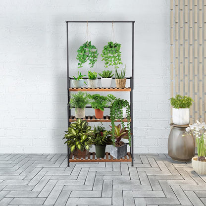 ULIKE Plant Stand Outdoor Indoor Hanging Plant Shelf for Multiple Plants 3 Tier Tall Plant Stand Wood Rack with Metal Frame for Patio Garden Balcony