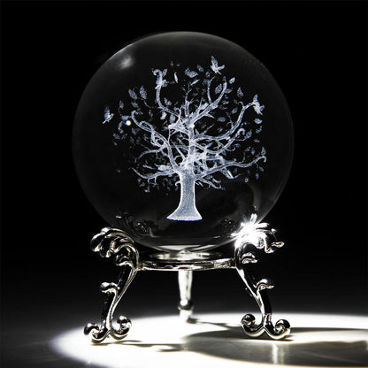 60mm Tree of Life Crystal Ball with Stand 3D Laser Engraved Life Tree Figurine Crystal Paperweight Decoraive Quartz Glass Ball Sphere Home Decor Table Craft