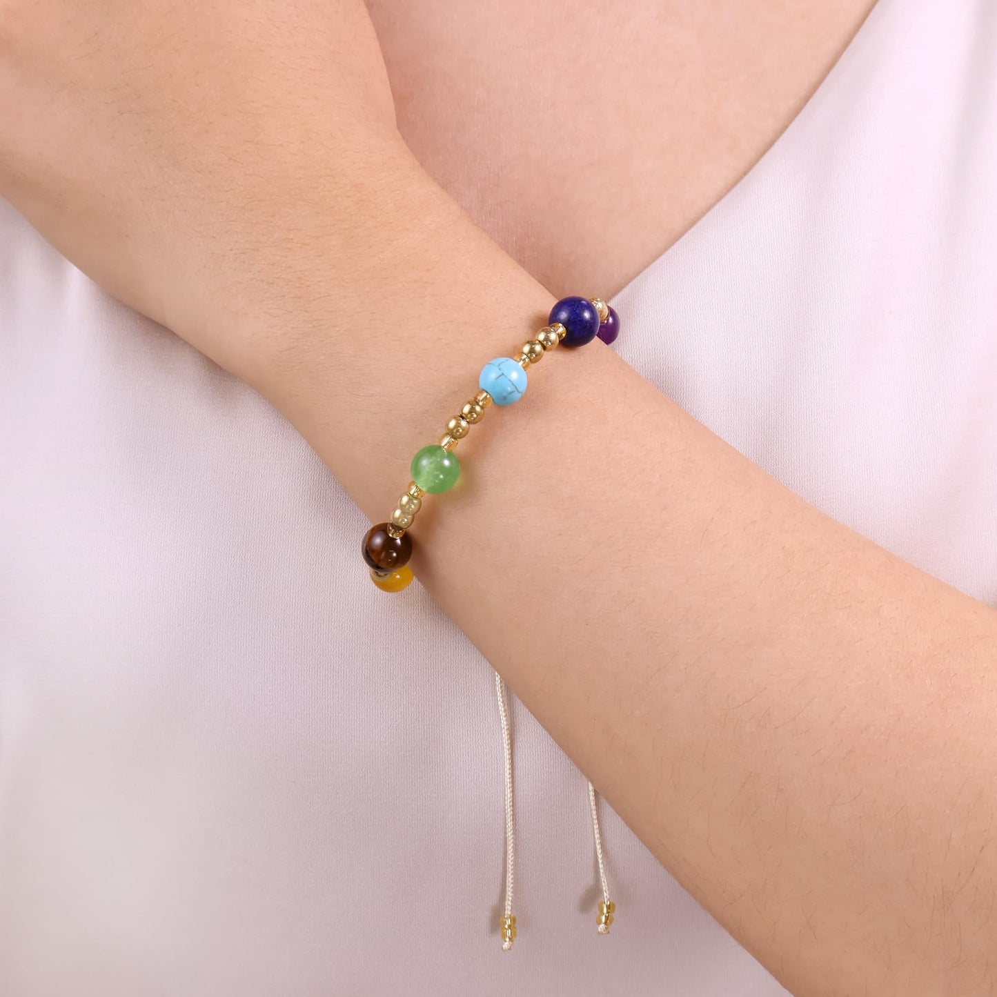 Mnblkjpoi Chakra Pearl Bracelets Gold Rope for Women Trendy, Round Natural Stone Balance for Meditation, Energy, Spiritual Protection, and Mental Health, Anniversary Birthday Valentine's Day Gifts.