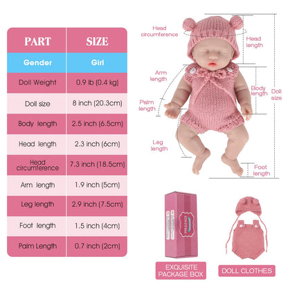 Vollence 8 inch Mini Silicone Baby Dolls Cute Realistic Newborn Preemie Miniature Babies for Kid Birthday Gifts - Girl