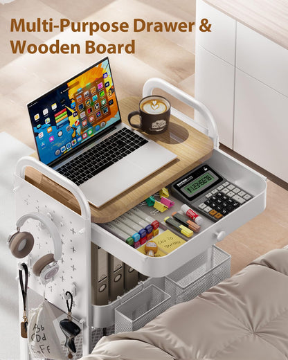 ALVOROG Rolling Cart with Drawer and Wood Table Top, 3 Tier Metal Rolling Utility Cart on Wheels with DIY Pegboards, Hanging Baskets, Hooks for Kitchen, Bedroom, Office, Craft Supplies