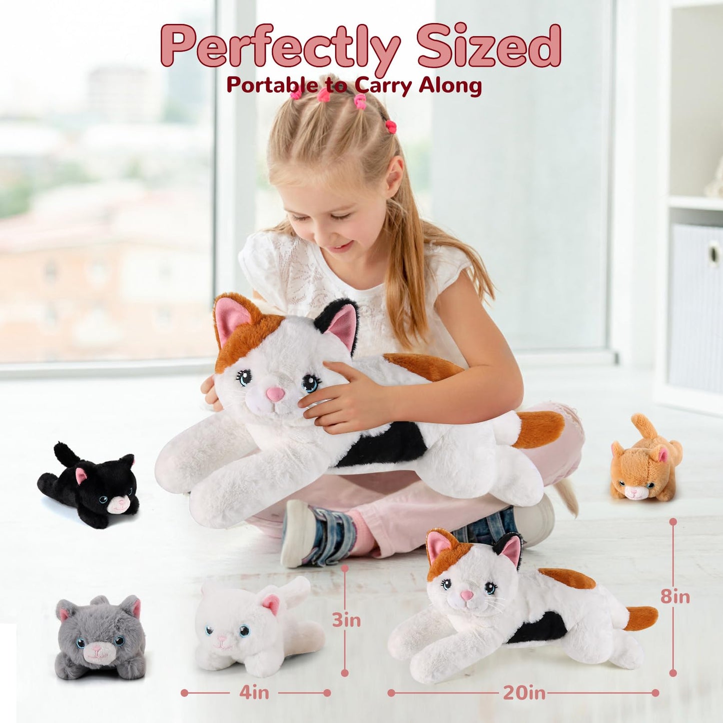 gnomantic 5 Pieces Cat Stuffed Animals with Babies Inside Belly - 1 Mommy Stuffed Cat with 4 Kittens - Stuffed Kitty Plush Toys for Kids Age 3-8, Gifts Ideal for Christmas, Valentine's, Birthday