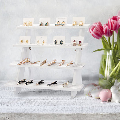 ELLDOO 4-Tier Wooden Display Riser, Retail Jewelry Card Display Stand, Rustic White Wooden Cupcake Stand Shelves, Organizer Showcase Cascading Merchandise Organizer Rack Vendor Display Supplies