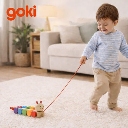 Goki Wooden Pull Toy Caterpillar NILA Montessori Toys for 1 Year Old I Baby Walking & Toddler Along String - Eco Friendly Wood Motor Skills Development I 1st Birthday Gifts - German Quality & Design