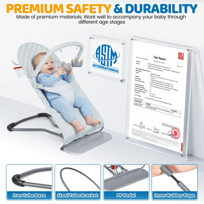Orzbow Portable Baby Bouncer, Foldable Baby Bouncer Seat with Removable Play Bar, 3 Recline Positions, Infant, 0-12 Months Up to 20 lbs, Ergonomic Design, Easy to Assembly, Grey