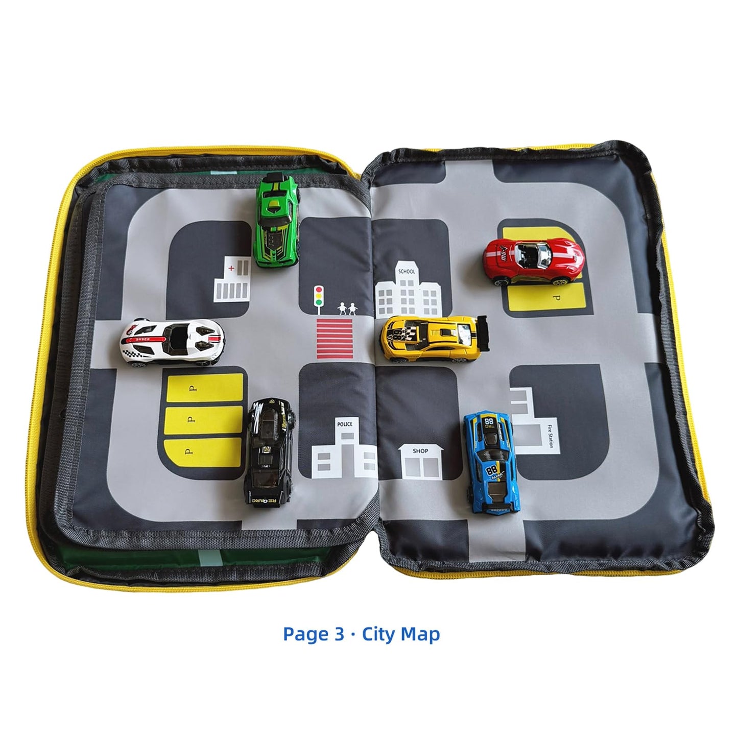 Portable kids toys storage bag with alloy toy cars, simulated dinosaurs, building blocks, base plates and a city road map. Educational travel toy set, suitable as a birthday gift for children aged 3-6
