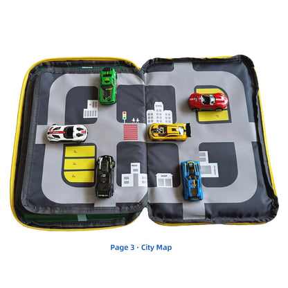 Portable kids toys storage bag with alloy toy cars, simulated dinosaurs, building blocks, base plates and a city road map. Educational travel toy set, suitable as a birthday gift for children aged 3-6