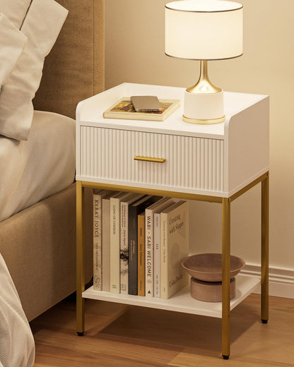 Apetaccat Night Stand, 3-Tier Bed Side Table, Small End Table, Nightstand with Open Shelf and Drawer, Bedside Table for Bedroom, Living Room, White