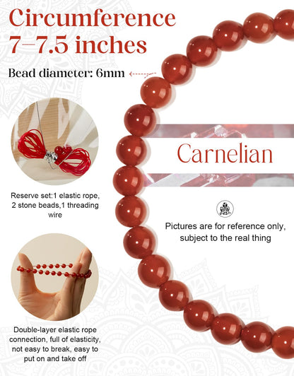 Landorilo Beaded Bracelet for Men Women, 6mm Natural Stone Carnelian Healing Crystal Stretch Bracelets, Ideal Christmas Birthday Jewelry Gifts with Energy Card，Replacement Beads Included