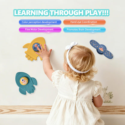 Silicone Suction Cup Spinner Toy for Babies&Toddlers – Food-Grade Safe & Fun Sensory Toy for Teething & Play – Perfect Baby Bath, High Chair & Travel Toy (Yellow+Green+Blue-Space)