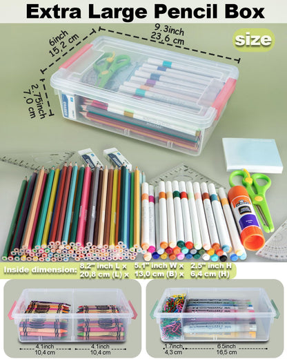GEOPHIA 6 Pack Extra Large Pencil Box with Removable Divider, Thickened Pencil Case Bulk, Clear Crayon Marker Organizer Stackable Plastic Small Storage Containers for Pen Craft School Supplies (Multi)