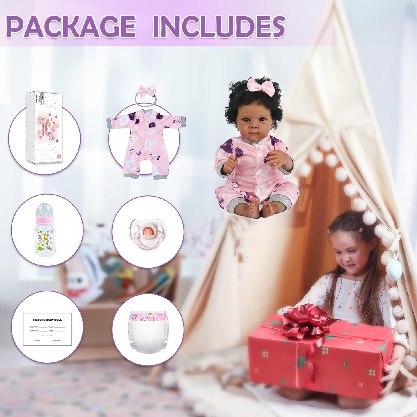 WOOROY Realistic Reborn Baby Doll Black Girl – 18 Inch African American Newborn Baby with Soft Body, Lifelike Handmade Real Life Adorable Gift with Accessories for Kids Age 3+