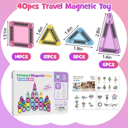 WMXDU Mini Magnetic Tiles, 40PCS Magnetic Building Blocks with Iron Box, Magnet Toys Travel Size On-The-Go Construction Set STEM Travel Toys for Boys and Girls Ages 3+