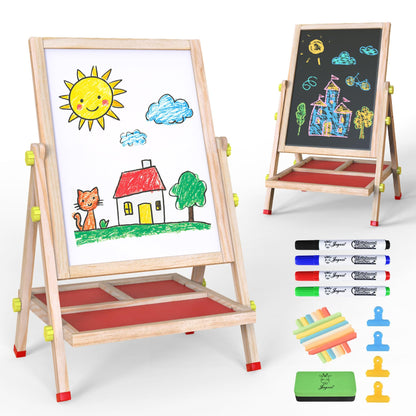 JOYOOSS Easel for Kids Chalkboard,Wooden Blackboard for Kid Toddlers Easel Adjustable Magnetic White Board Chalkboard for Kids Dry Erase Art Easels for Toddler Drawing Board for Kid Ages 4-8 8-12 Red