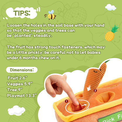 Mini Tudou Baby Toys 6-12 Months-Fruits Veggies Farm Stuffed Toys 15PCS-Sensory Educational Toy Mushroom Carrot with Rattle Squeaker Crinkle Texture Color Shape Number Matching Gifts