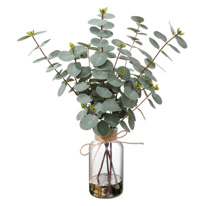 LILUYTO 15.74” Artificial Eucalyptus Stems in Glass Vase with Faux Water & Natural Stones, Lifelike Fake Greenery for Modern Farmhouse Home Decor, Bathroom Decor, Office Desk Centerpiece