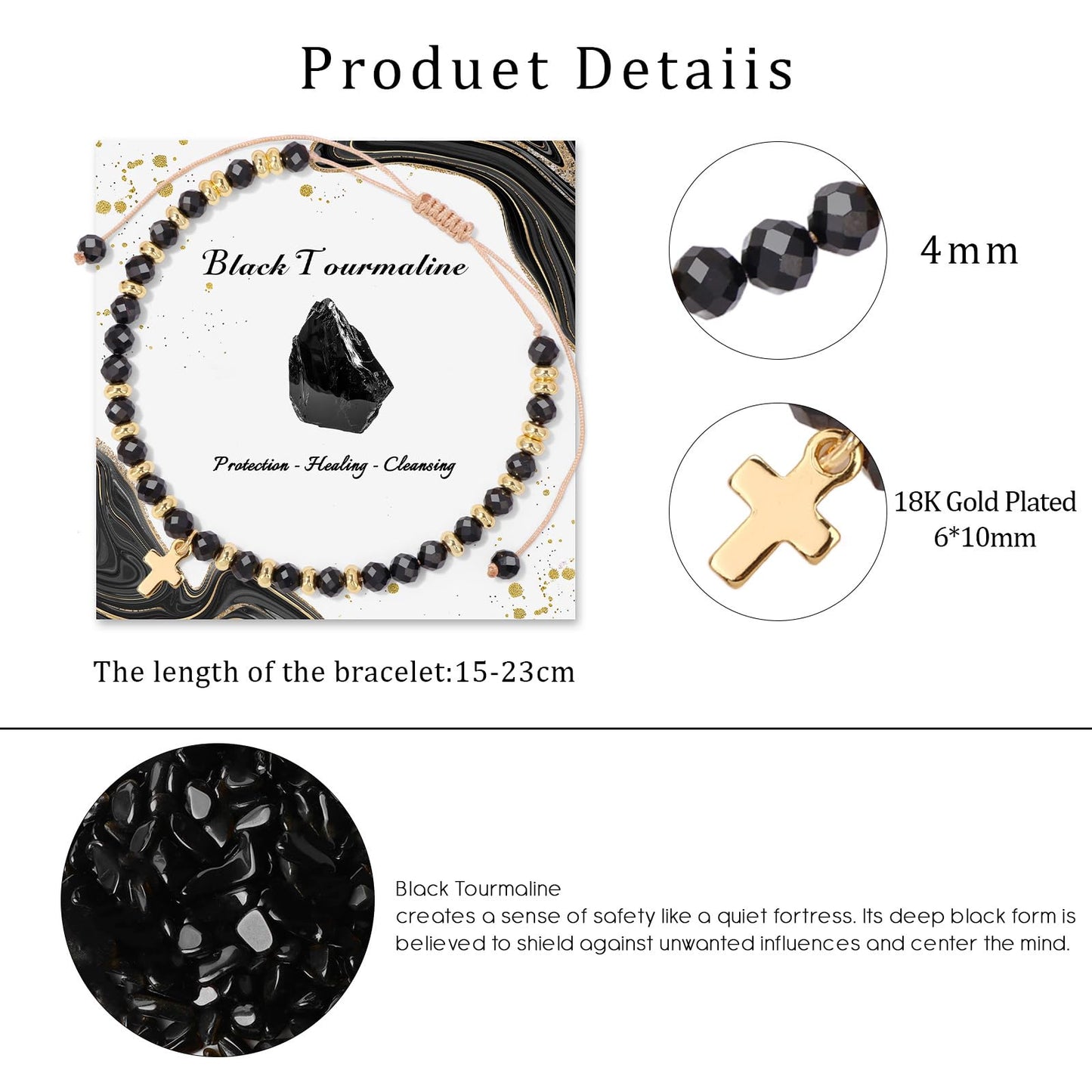 Raicegs Braided Black Tourmaline Cross Crystal Bracelet Natural Stone Beaded Bracelet for Women Faith Jewelry Healing Bracelet Christian Gifts for Women Religious Gifts