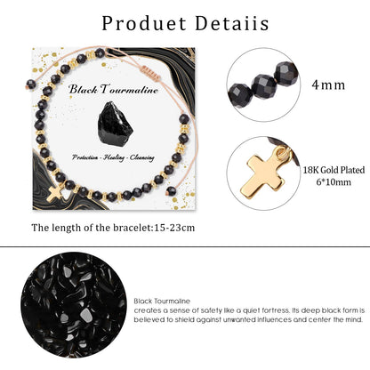 Raicegs Braided Black Tourmaline Cross Crystal Bracelet Natural Stone Beaded Bracelet for Women Faith Jewelry Healing Bracelet Christian Gifts for Women Religious Gifts